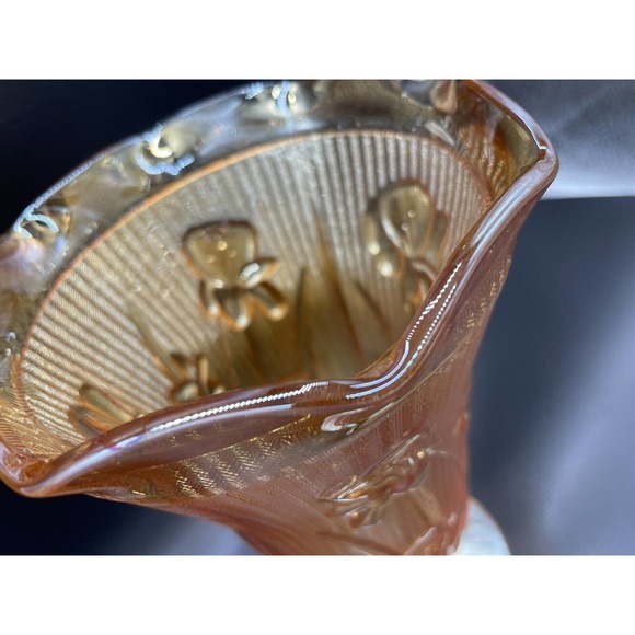 Vintage Jeanette Carnival/Depression Glass Vase Marigold Herringbone Iris - Picture 4 of 10